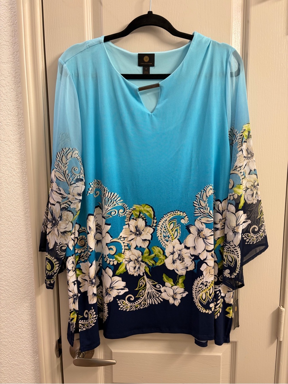 JM Collection Blue Ombre Floral Tunic with Navy Border